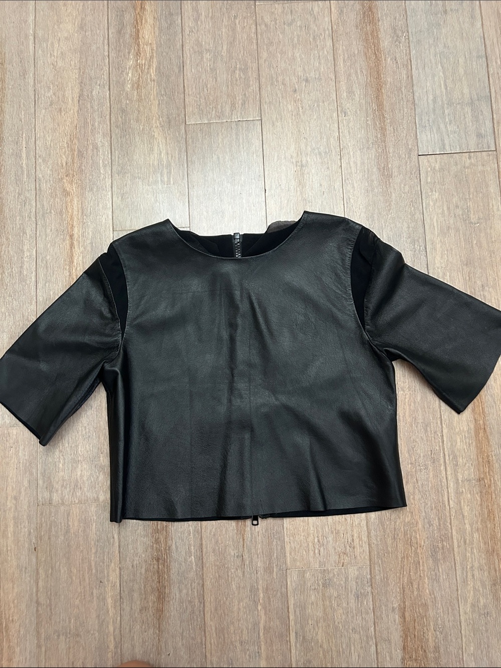 Bec & Bridge Black Soft Leather Short Sleeve Top mesh shoulder trim sz M crop
